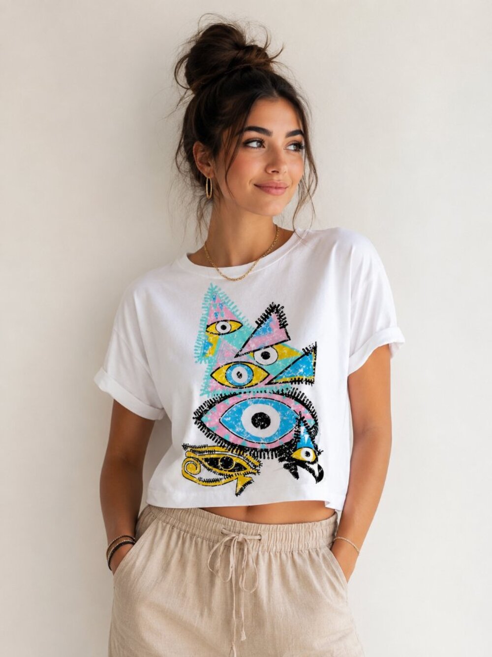 Italian Abstract Eye Graphic Crop Tee Women's Boxy Cotton Top Made in Italy Arts
